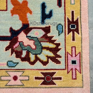 Handmade Oushak Rug | Colorful Turkish Wool Area Rug | 6x9 Oriental Carpet | Modern Vibrant Pastel Rug | Multicolor Geometric Rug