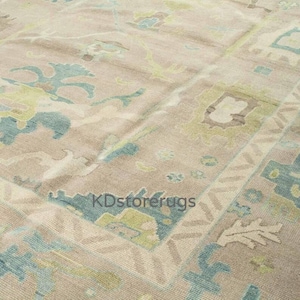Hand-Knotted Oushak Rug | Beige Blue Wool Area Carpet | Turkish Oriental Rug | 8x10 | Vintage Modern Decor | Pastel Boho Accent Rug