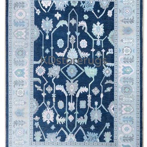Blue Modern Oushak Rug 8x10 9x12 – Hand Knotted Antique Wool Turkish Area Carpet for Living Room, Dining, Bedroom, Home Decor