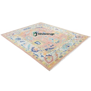 Peach Pink Oushak Rug 8x10 | Colorful Hand-Knotted Turkish Wool Area Rug | Pastel Vintage Oriental Carpet | Boho Living Room Decor