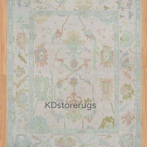 Hand-Knotted Oushak Rug | Soft Pastel Turkish Wool Carpet | Light Blue Beige Oriental Area Rug | 8x10 | Vintage Boho Home Decor