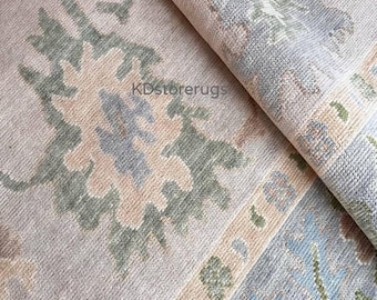 Handwoven Wool Oushak Rug | Blue Beige Floral Turkish Carpet
