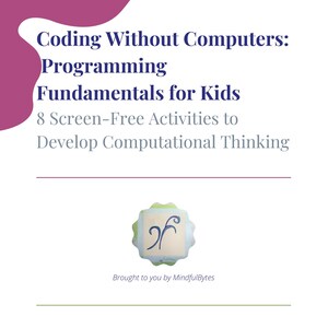 Pode incluir: Fundo branco com texto: "Coding Without Computers: Programming Fundamentals for Kids." Inclui "8 atividades sem tela para desenvolver o pensamento computacional." Também há um logotipo com o texto "Brought to you by MindfulBytes".