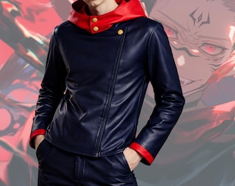 Anime Inspired Leather Cosplay Costume for Men | Handmade Dark Blue Hooded Outfit | Premium Anime Style Wear