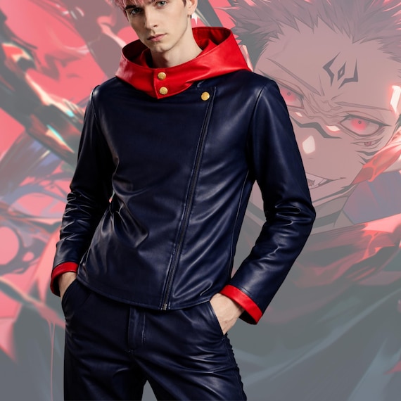 Anime Inspired Leather Cosplay Costume for Men | Handmade Dark Blue Hooded Outfit | Premium Anime Style Wear