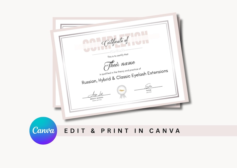 Editable Beauty Certificate Template | Lash Extension Training (canva ...