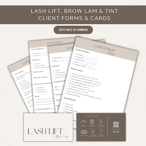 Op de afbeelding: Een set printbare klantformulieren en kaarten voor wimperlift, wenkbrauwlaminaat en verfservices. De documenten hebben een beige en bruin kleurenschema met tekst waaronder Consultation Form, Patch Test en Lash Lift After Care.