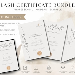 Può includere: Un pacchetto di modelli di certificati per ciglia, inclusi modelli di certificato di completamento, modelli verticali e orizzontali. I certificati hanno un design minimalista con la scritta "certificate of completion".