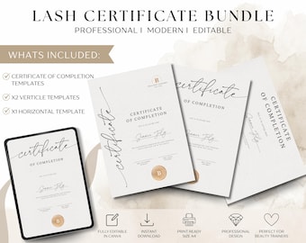 Editable Lash Certificate Bundle | Beauty Training Course Diploma (Instant Download)