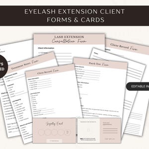 Può includere: Una collezione di moduli e schede per clienti di extension ciglia con uno schema di colori rosa chiaro e bianco. I documenti includono un modulo di consultazione, una scheda cliente, note di trattamento, un modulo per patch test e tessere fedeltà.