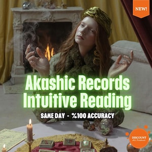 Op de afbeelding: Een afbeelding met een vrouw met een tulband en lang haar, met de tekst "Akashic Records Intuitive Reading" in het groen. De tekst "SAME DAY - %100 ACCURACY" is ook zichtbaar. Een "NIEUW!" banner staat rechtsboven.
