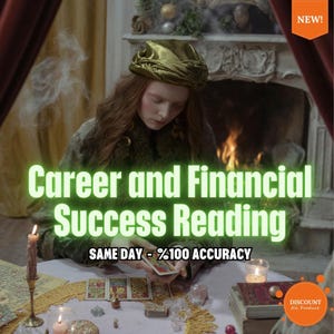 以下が含まれることがあります： キャリアと経済的成功のリーディングを宣伝する画像。「Career and Financial Success Reading」と「SAME DAY - %100 ACCURACY」のテキスト。タロットカードを持つ人物、テーブルにはキャンドルやその他のアイテムがあります。「NEW！」バナーが右上隅にあります。