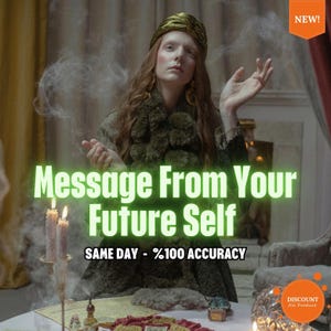 Puede incluir: Imagen con el texto "Message From Your Future Self" y "SAME DAY - %100 ACCURACY". La imagen muestra a una persona con un atuendo verde, con velas y humo, creando una atmósfera mística.