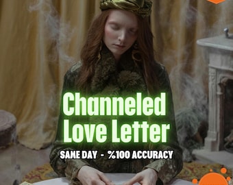 May include: An image featuring a person with long red hair and a green head wrap, holding tarot cards. The text "Channeled Love Letter" is displayed in green, along with "SAME DAY - %100 ACCURACY". A "NEW!" and "DISCOUNT ALL PRODUCT" label are also visible.