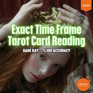 May include: Image featuring a woman with red hair and a gold head covering. Text overlay reads "Exact Time Frame Tarot Card Reading" and "Same Day - %100 Accuracy". A "NEW!" banner and a "DISCOUNT All Product" badge are also visible.