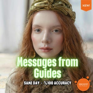 Könnte beinhalten: Eine Frau mit langen roten Haaren und einem goldenen Stirnband. Das Bild enthält den Text "Messages from Guides" und "SAME DAY - %100 ACCURACY". Oben rechts befindet sich ein orangefarbenes "NEW!"-Tag.