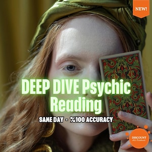 Puede incluir: Una persona de piel clara y cabello rojo sostiene una carta del tarot. La carta tiene un diseño verde y rojo. La imagen incluye el texto "DEEP DIVE Psychic Reading" y "SAME DAY - %100 ACCURACY".