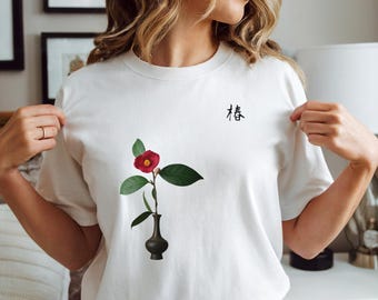 Japanese Camellia T-Shirt,Floral Art Unisex T-Shirt, Plant Lover Gift, Nature-Inspired Apparel, Ikebana Inspired Minimalist Floral Tee