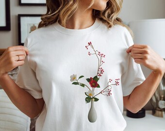 Japanese Ikebana T-Shirt-Minimalist Flower Arrangement Art Tee,Floral Art Unisex Softstyle T-Shirt, Graphic Tee, Nature-Inspired Apparel