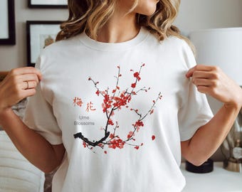 Japanese Ume Blossom Shirt - Red Plum Flower T-Shirt, Traditional Sumi-e Style Graphic Tee, Kanji Calligraphy Art,