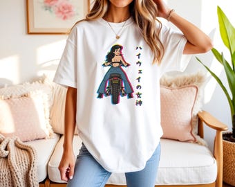 Highway Goddess T-Shirt-Retro Pinup Biker Girl Graphic Tee,Anime-Inspired Unisex Softstyle T-Shirt, Motorbike Lover