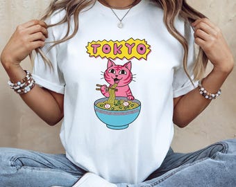 Pink Cat Tokyo Ramen T-Shirt | Kawaii Noodle Lover Tee | Japanese Cat Eating Ramen Graphic Shirt
