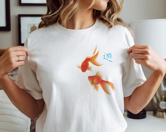 Goldfish Dreams Unisex T-Shirt, Kanji Art | Zen Minimalist Fish Design, Gift for Ocean Lovers, Underwater Life Design