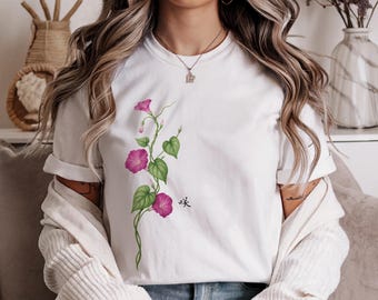 Japanese Morning Glory T-Shirt-Kanji Floral Art Design,Floral Garden Unisex T-Shirt - Softstyle Tee for Nature Lovers, Botanical Art