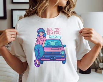 Retro 80s Honda City Girl T-Shirt-Japanese Anime Style,Retro Car Vibe Unisex Softstyle T-Shirt, Vintage Graphic Tee, Gift for Car Lovers