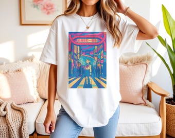 Kabukicho Neon City Girl T-Shirt,Vibrant Graphic Tee featuring Urban Night Scene, Retro Streetwear, Softstyle Tee for Art Lovers