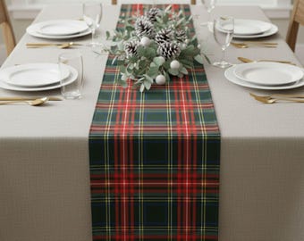 Plaid Christmas Table Runner, Holiday Cotton Linen Fabric
