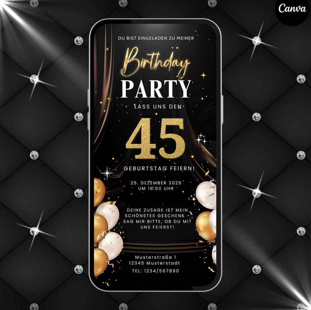 Black & Gold Birthday Invitation – Digital Canva Template | Birthday ...