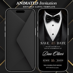 Animated Tuxedo Birthday Invite Canva Template, Black Tie Event Video Invitation, Mens Luxury Birthday Party, WhatsApp Digital Save the Date