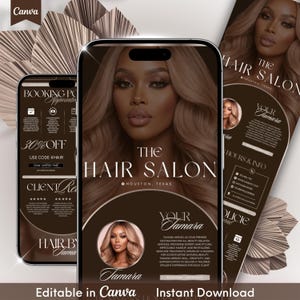 Könnte beinhalten: Werbegrafik für "The Hair Salon" in Houston, Texas, mit einer Frau mit langen, welligen Haaren. Das Design umfasst ein Smartphone-Modell, einen Flyer und den Text "Editable in Canva" und "Instant Download."