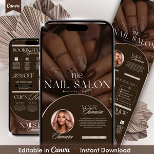 Könnte beinhalten: Eine digitale Werbung für "The Nail Salon" in Houston, Texas, mit einem Telefon-Mockup mit Nagelkunst-Designs. Die Anzeige enthält ein Foto einer Nageldesignerin, "Tamara", und bietet 30% Rabatt mit dem Code #NAIL. Das Design ist in Canva bearbeitbar.
