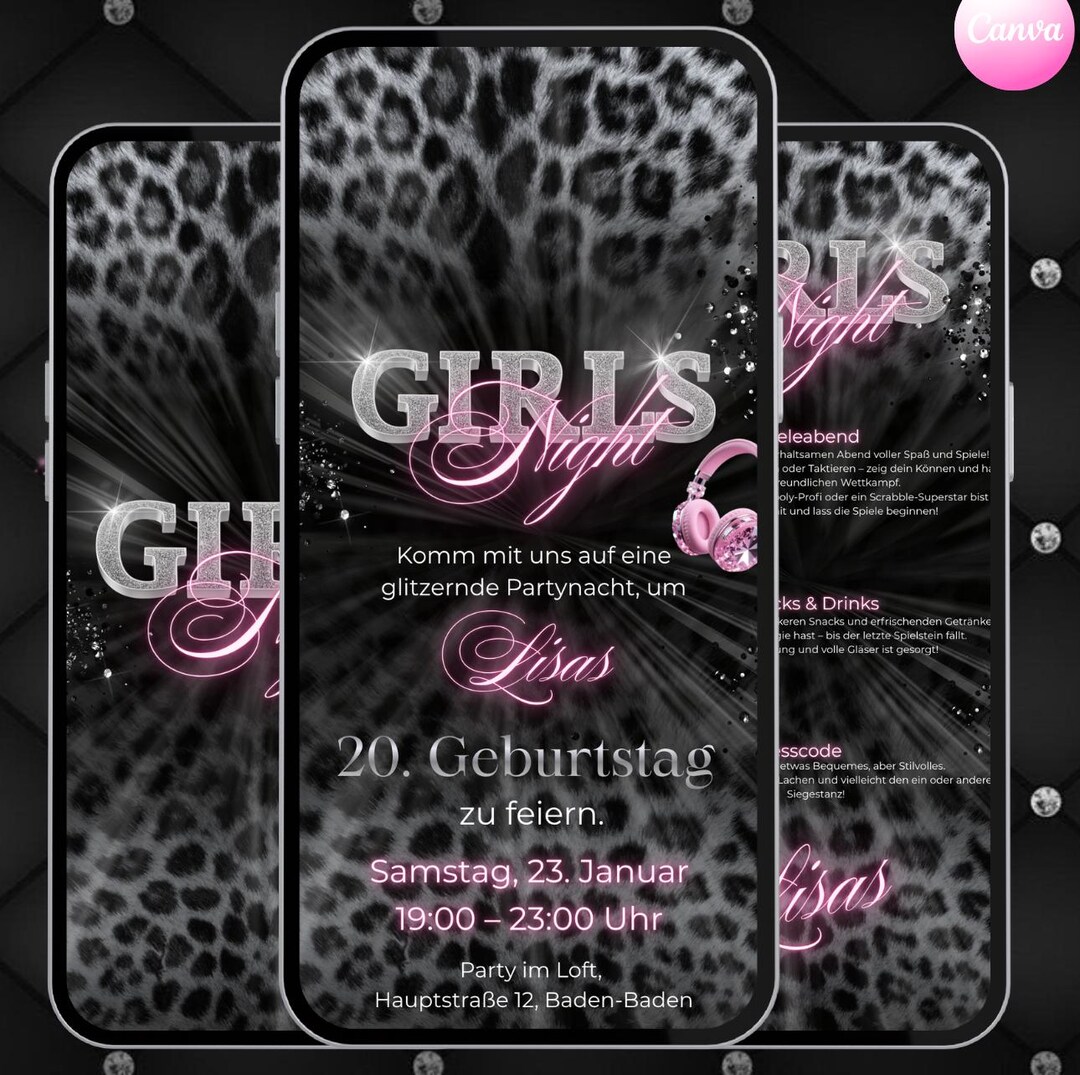 Digital Girls' Night Invitation – Canva Template | Glitter Leopard ...