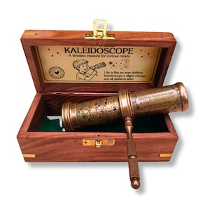 Handcrafted Brass Kaleidoscope & Engraved Wooden Box, Retro Art Collectible Christmas Gift For All Ages