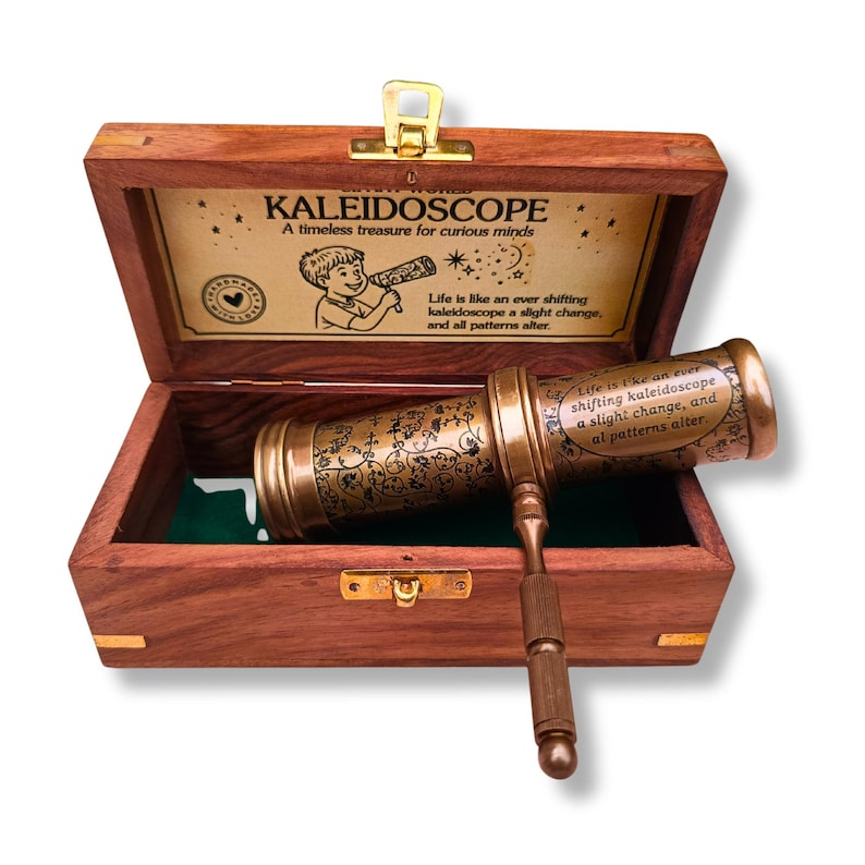 Handcrafted Brass Kaleidoscope & Engraved Wooden Box, Retro Art Collectible Christmas Gift For All Ages