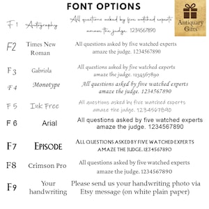 May include: Font options displayed on a white background. Nine font styles are shown, each with a sample sentence and a phone number. The text includes "Autography", "Times New Roman", "Gabriola", "Monotype", "Ink Free", "Arial", "EPISODE", "Crimson Pro", and "Your handwriting".