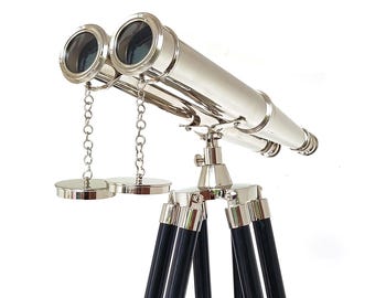 Antique Brass Binocular with Stand, Vintage Nautical Desk Decor