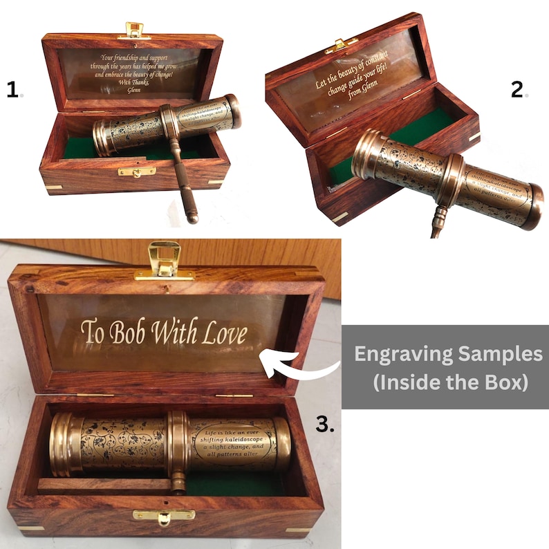 May include: A vintage-style brass kaleidoscope with a wooden handle and decorative engravings, presented inside a wooden box. The box has a brass clasp and a clear panel with engraved text. The text reads "To Bob With Love".