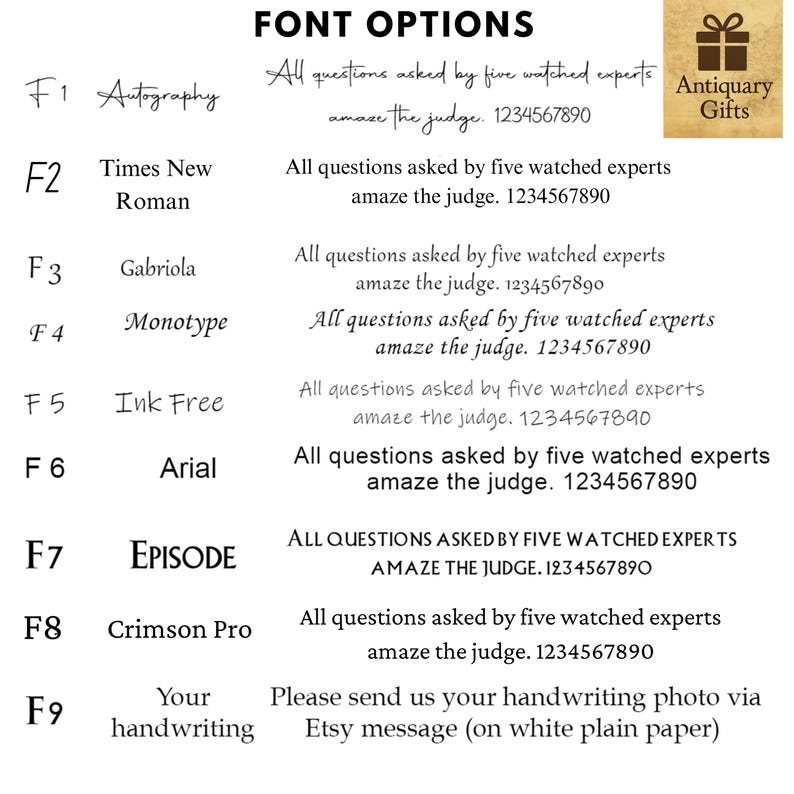 Pu&ograve; includere: Opzioni di font visualizzate su sfondo bianco. Sono mostrati nove stili di font, ciascuno con una frase di esempio e un numero di telefono. Il testo include "Autography", "Times New Roman", "Gabriola", "Monotype", "Ink Free", "Arial", "EPISODE", "Crimson Pro" e "Your handwriting".