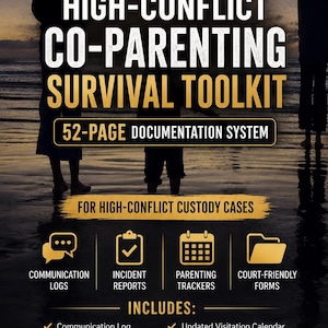 Könnte beinhalten: Ein digitales Dokument mit dem Titel High-Conflict Co-Parenting Survival Toolkit, ein 52-seitiges Dokumentationssystem für Sorgerechtsfälle. Es enthält Symbole für Kommunikationsprotokolle, Vorfallberichte und Formulare.