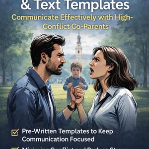 May include: A digital graphic featuring the text Reduce Stress & Conflict, Co-Parenting Email & Text Templates, Communicate Effectively with High-Conflict Co-Parents, Pre-Written Templates to Keep Communication Focused, Minimize Conflict and Reduce Stress, Create Cooperative Co-Parenting Solutions, and SurviveCoParenting. The image shows a man and woman arguing in a park with a child standing in the background.