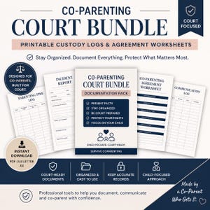 May include: A collection of printable co-parenting court documents, including custody logs and agreement worksheets. The design features the text "Co-Parenting Court Bundle" in a bold font, with supporting text and icons. The documents are designed to help co-parents document, communicate, and co-parent with confidence.