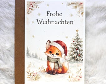 Christmas card with fox – watercolor greeting card “Merry Christmas” – optionally with glitter accents – including envelope