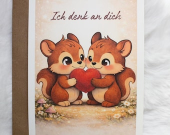 Grußkarte Eichhörnchen Ich denk an dich – Postkarte A6 – Geschenk für Freundin – Kawaii -