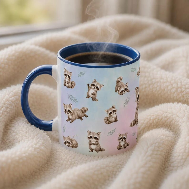May include: A ceramic mug with a dark blue handle and rim, featuring a repeating pattern of small, illustrated raccoons in various poses against a soft, pastel-colored background. Steam rises from the dark liquid inside the mug.