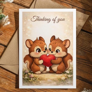 Könnte beinhalten: Eine rechteckige Grußkarte mit zwei braunen Eichhörnchen, die nebeneinander stehen und ein flauschiges rotes Herz zwischen sich halten. Der Text "Thinking of you" ist oben in brauner Schreibschrift vor einem sanft leuchtenden Hintergrund gedruckt.