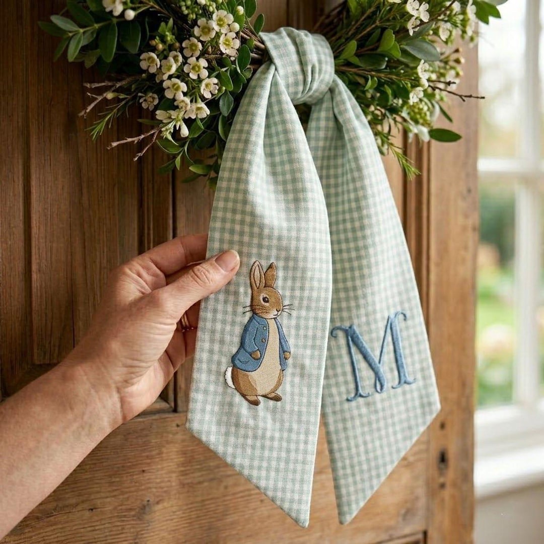 Embroidered Easter Toile Wreath Sash, He Is Risen Easter Basket Sash, Floral Cross Wreath Ribbon, Christian Easter Decor - Embroidery 2 Tails, Green Seersucker